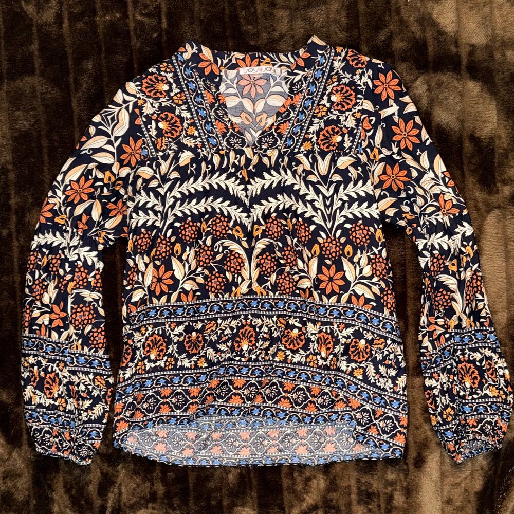 Joy Joy Boho Floral Border Print Blouse - Multi-Color Long Sleeve -‎ Women's XS